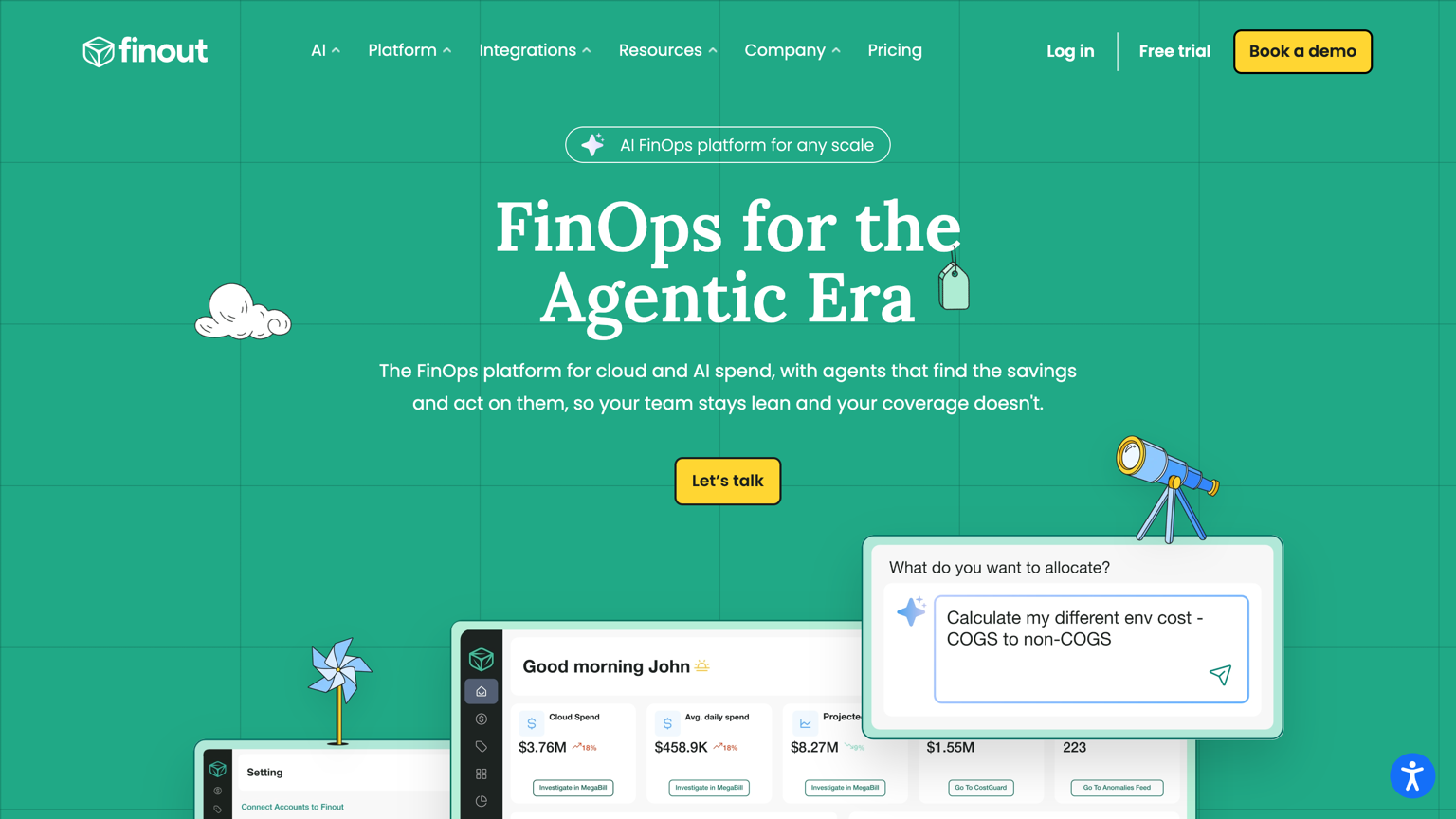 Finout homepage: FinOps for the agentic era