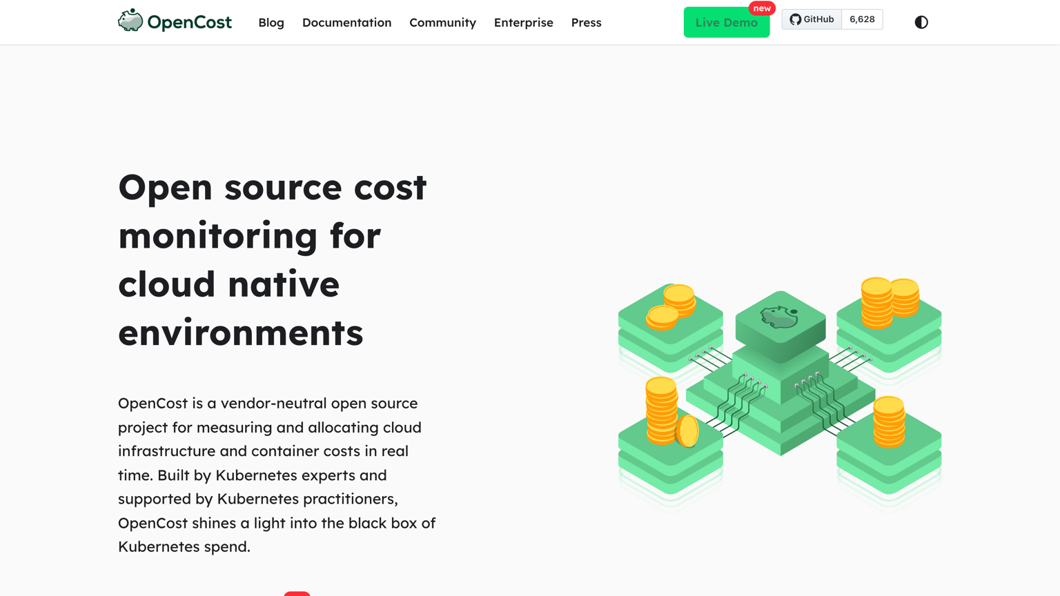 OpenCost homepage: open source cost monitoring for cloud native environments