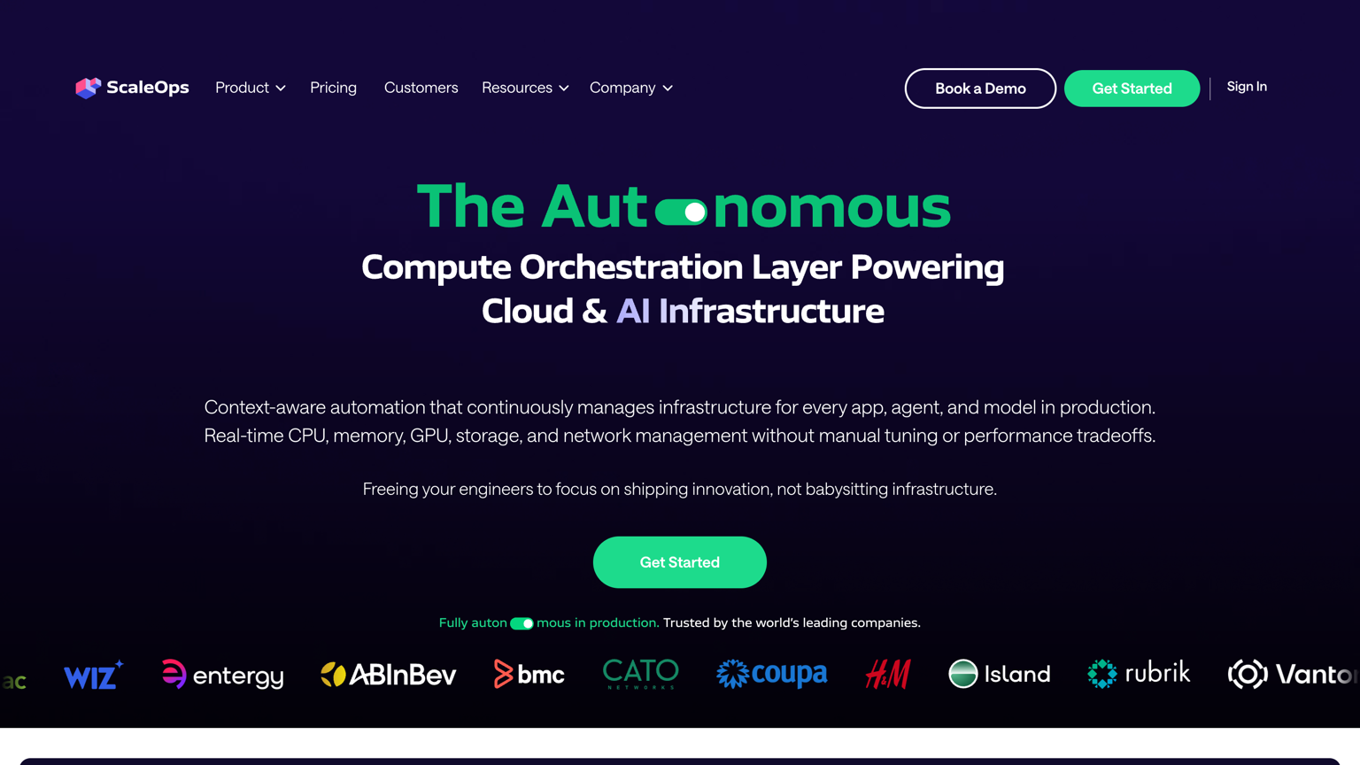 ScaleOps homepage: the autonomous compute orchestration layer